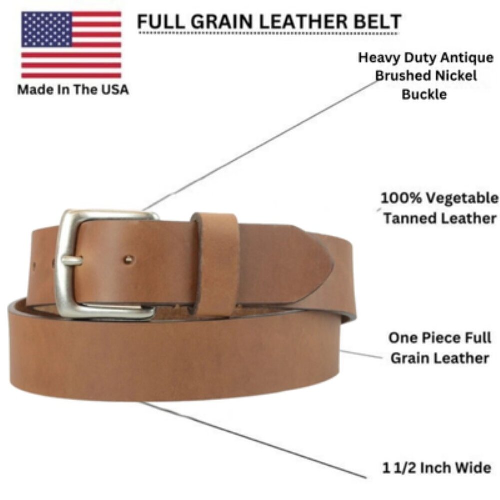 Mens Heavy Duty Full Grain American Steer Hide Leather Tan Belt 38mm Wide USA